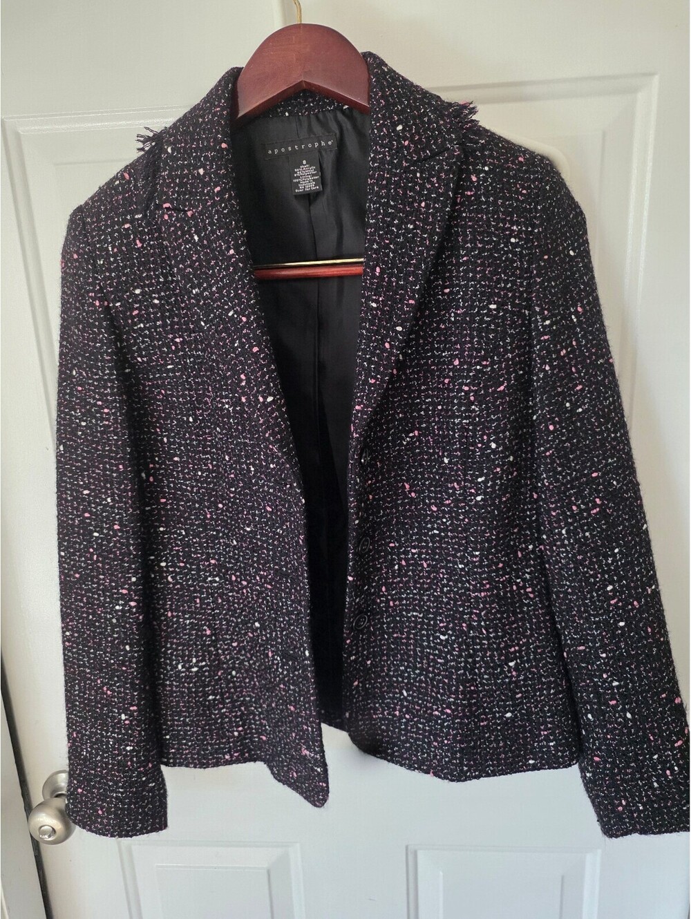Apostrophe Women's Black Tweed Blazer Jacket with Pink and White Speckles Size 8